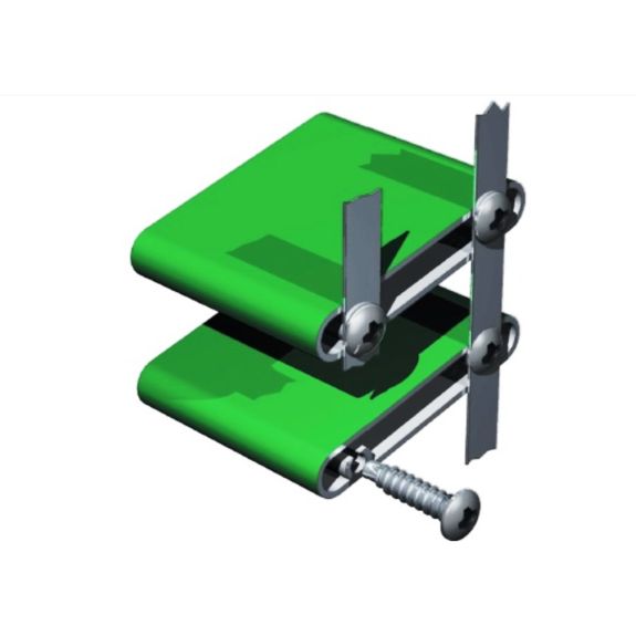 Tornillo punta guía DIN 7981-0 fijando dos perfiles metálicos sobre panel verde, montaje con arandelas