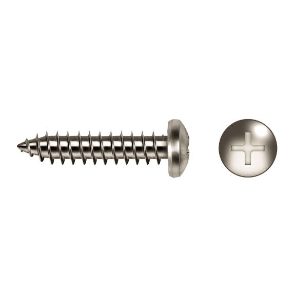 Tornillo metálico rosca chapa DIN 7981 con punta afilada, cabeza alomada y ranura en cruz tipo PH, mostrado en vista lateral y superior sobre fondo blanco.