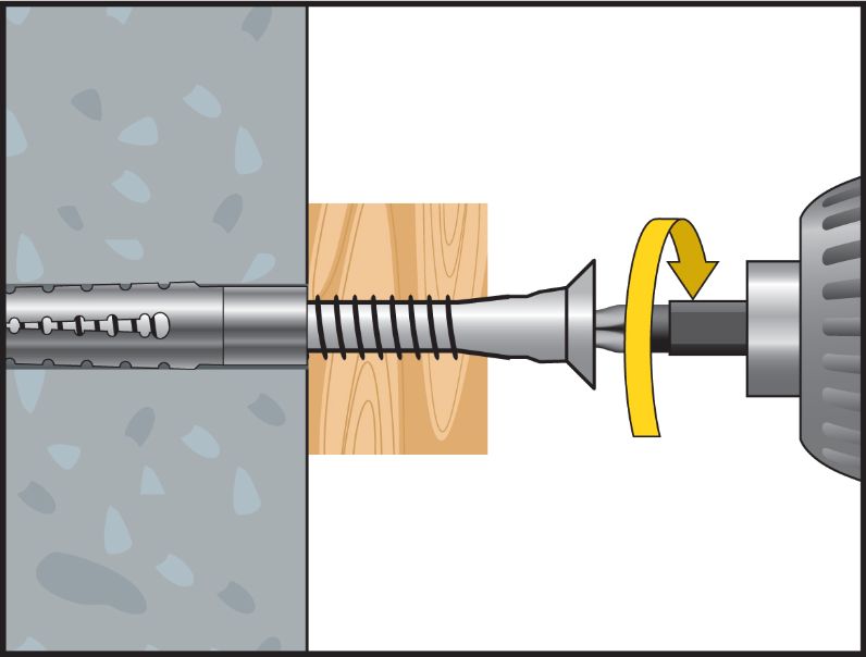 Instalación taco metálico MSD apriete del tornillo con taladro para fijación en hormigón