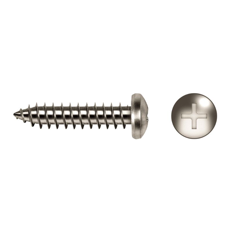 Tornillo metálico rosca chapa DIN 7981 con punta afilada, cabeza alomada y ranura en cruz tipo PH, mostrado en vista lateral y superior sobre fondo blanco.