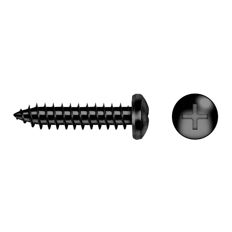 Tornillo metálico rosca chapa DIN 7981 con punta afilada, cabeza alomada y ranura en cruz tipo PH, mostrado en vista lateral y superior en lacado negro