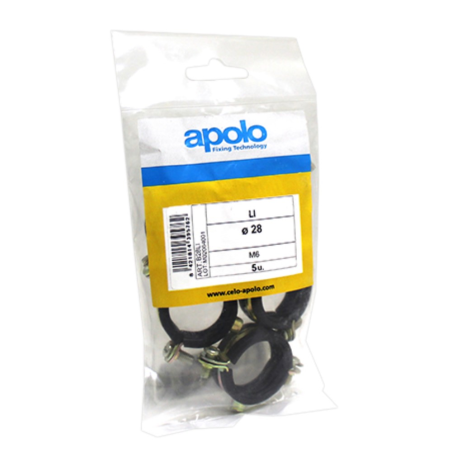 Pack de abrazaderas metálicas M6 con revestimiento de goma para tubos de Ø28 mm en proyectos de instalación