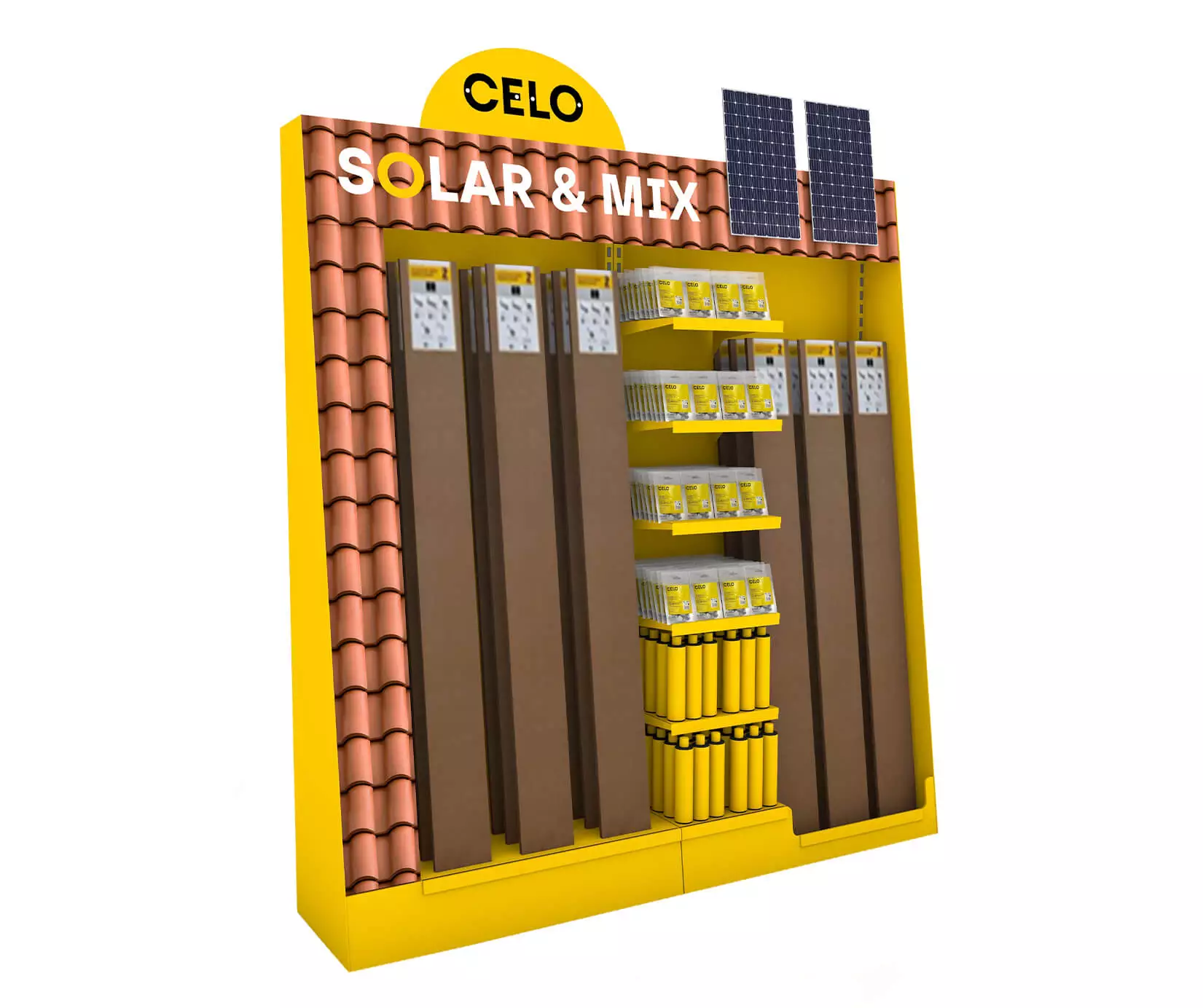 El expositor SOLAR kits sistema clipado con varios kits todo en uno