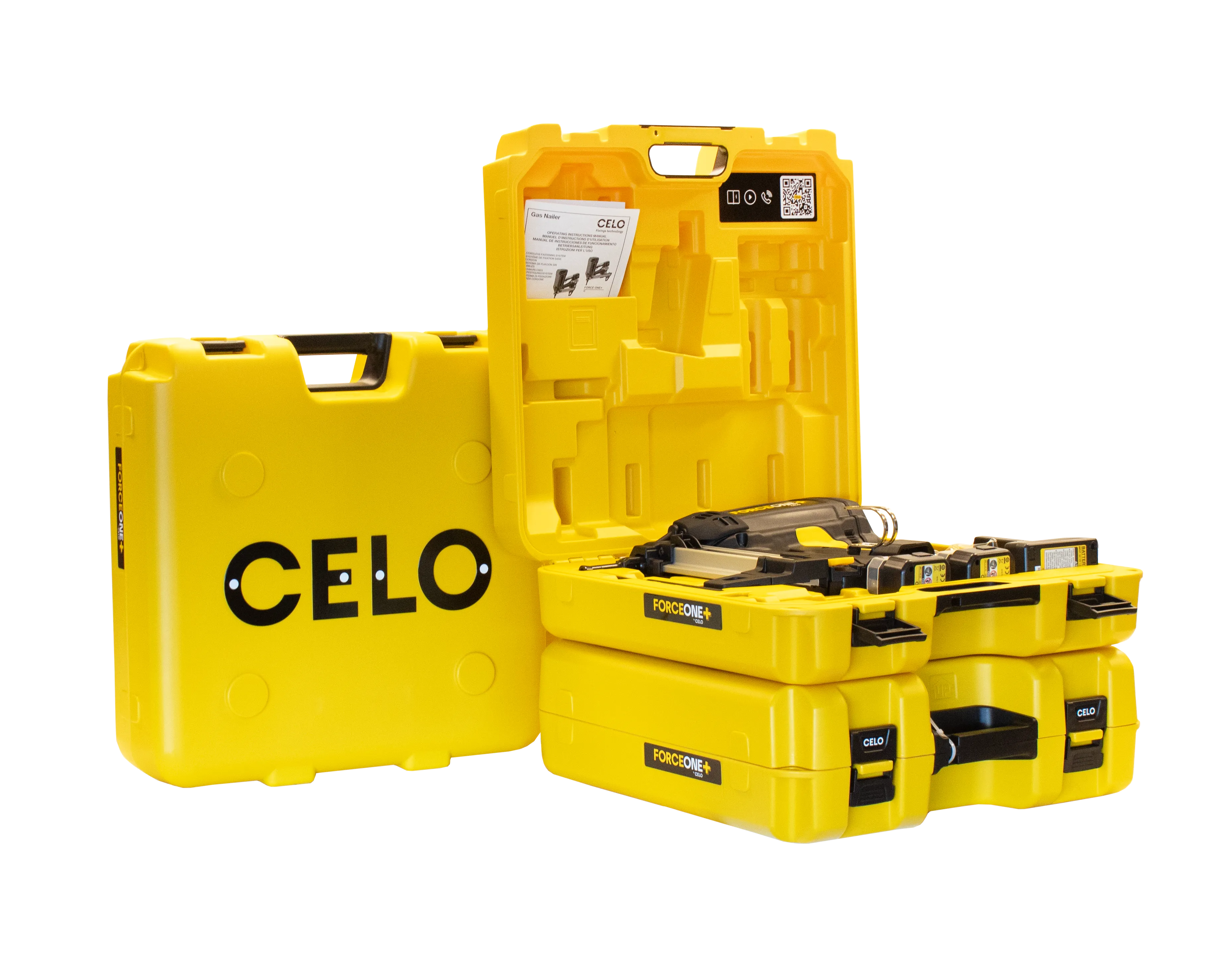 Un maletín amarillo de la clavadora FORCE ONE+ con marca CELO