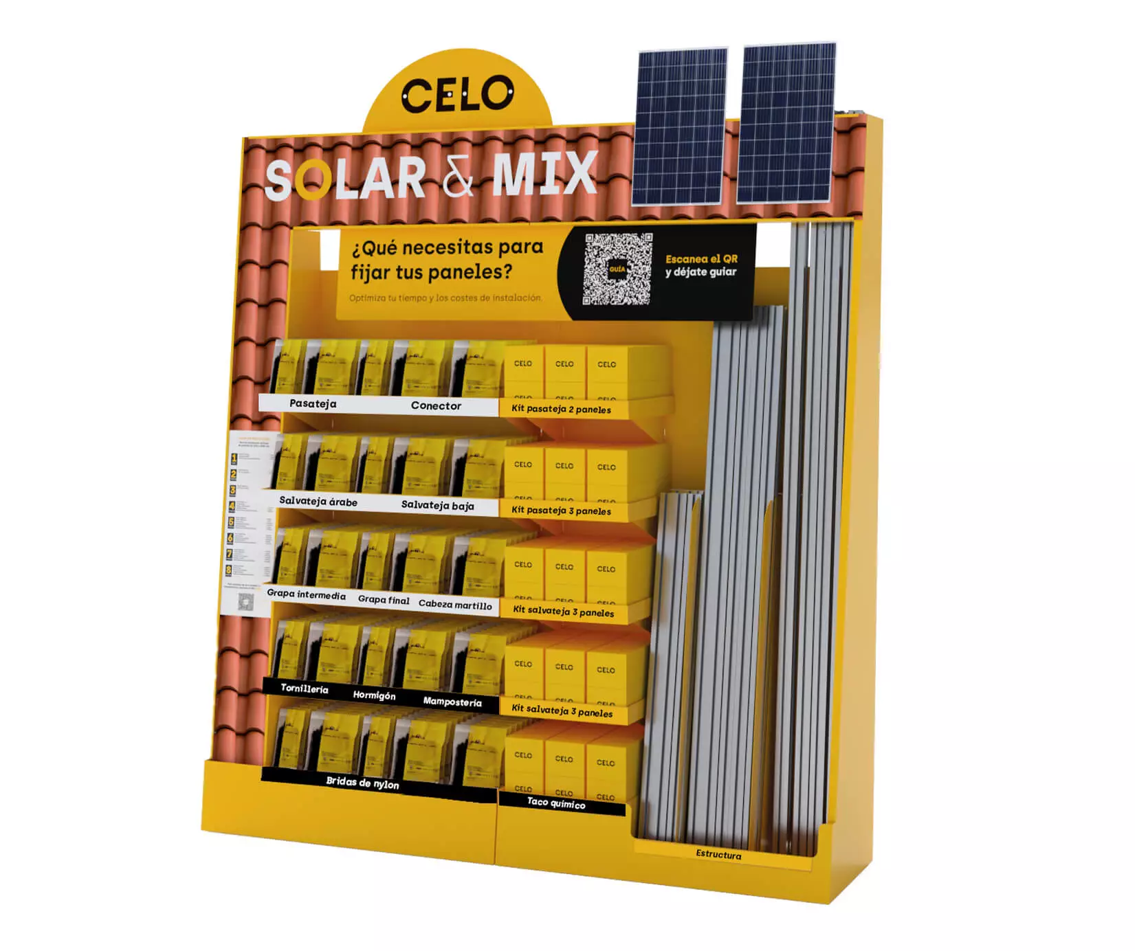 El expositor SOLAR&MIX con el código QR por encima, unos perfiles y unas fijaciones embolsadas