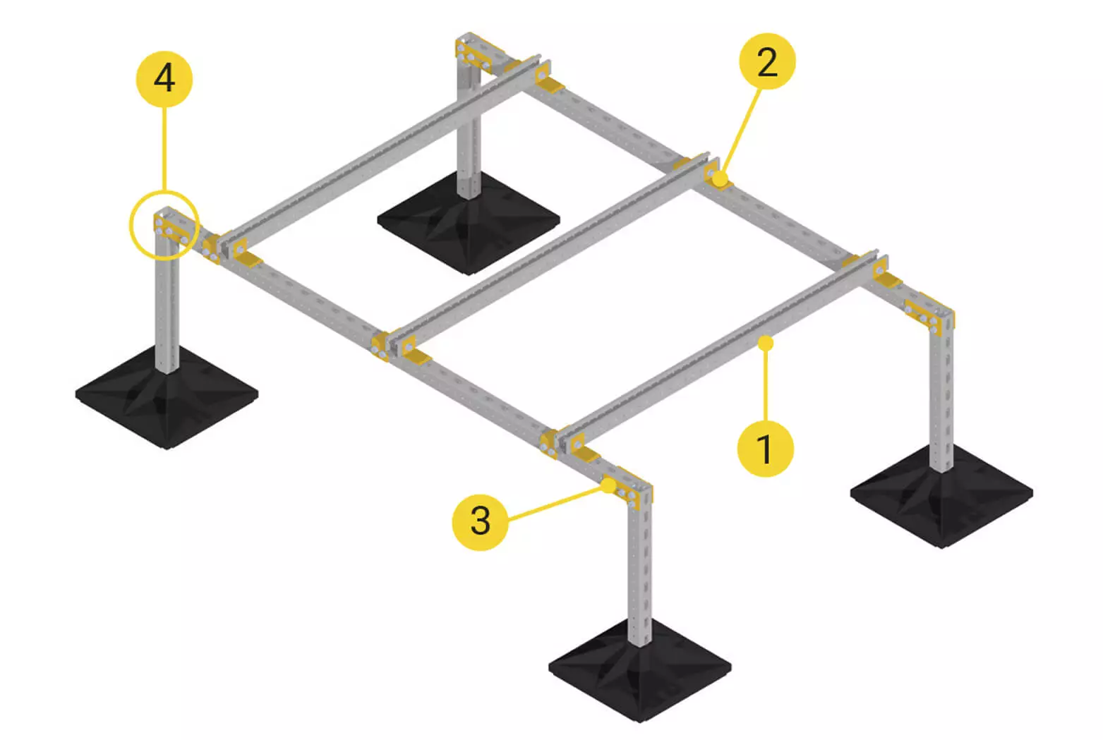 Esquema de una bancada instalada con el sistema de fijación Fast Assmbly Strut de CELO