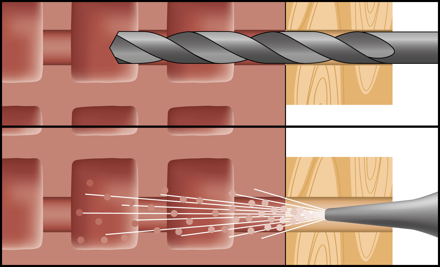 Perforación y limpieza del orificio en madera y ladrillo con broca Standard BST