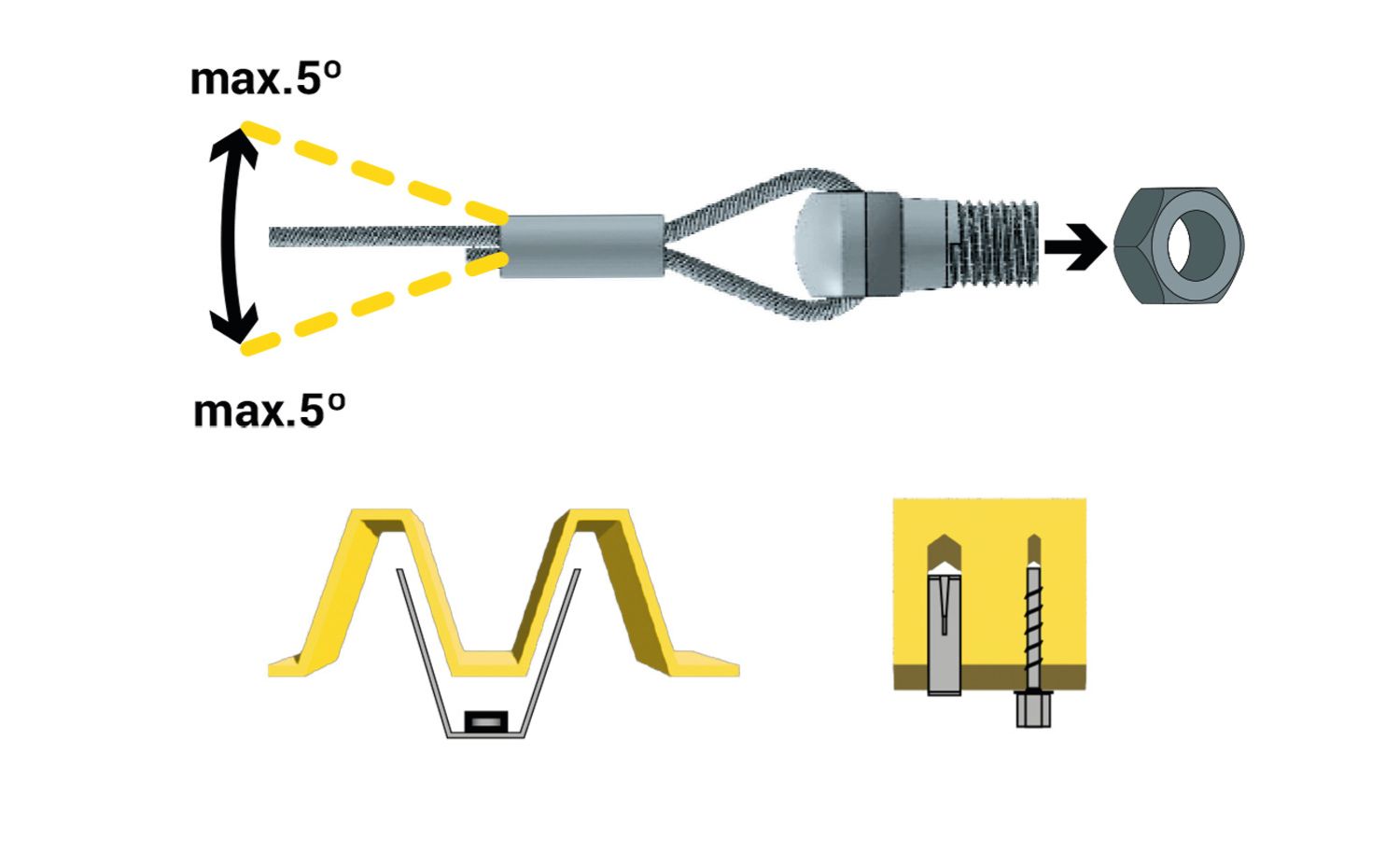 PASO 1: Taladra un agujero en el techo y fija el perno. Utiliza un accesorio compatible y una tuerca de seguridad M8 si es necesario.