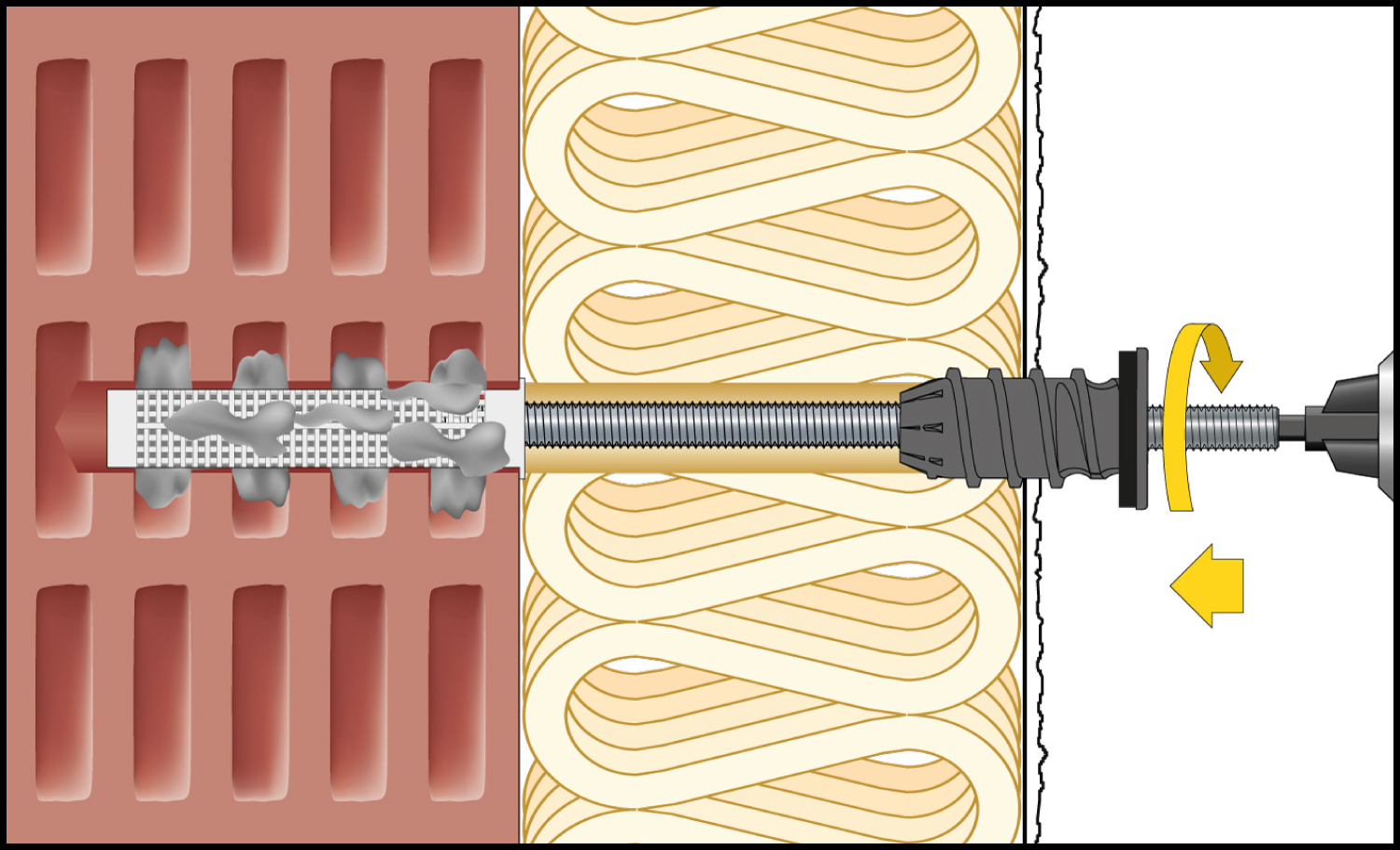 Imagen de montaje ResiTHERM® 12 en piedra perforada/mampostería para una instalación con separación energéticamente eficiente en la fachada aislada