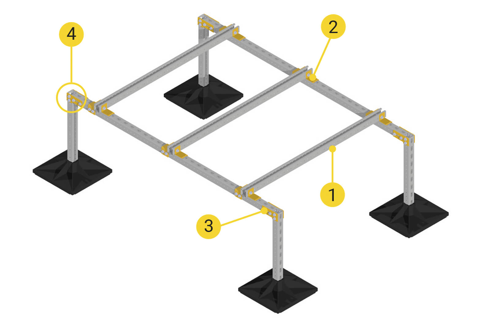 Esquema de una bancada instalada con el sistema de fijación Fast Assmbly Strut de CELO
