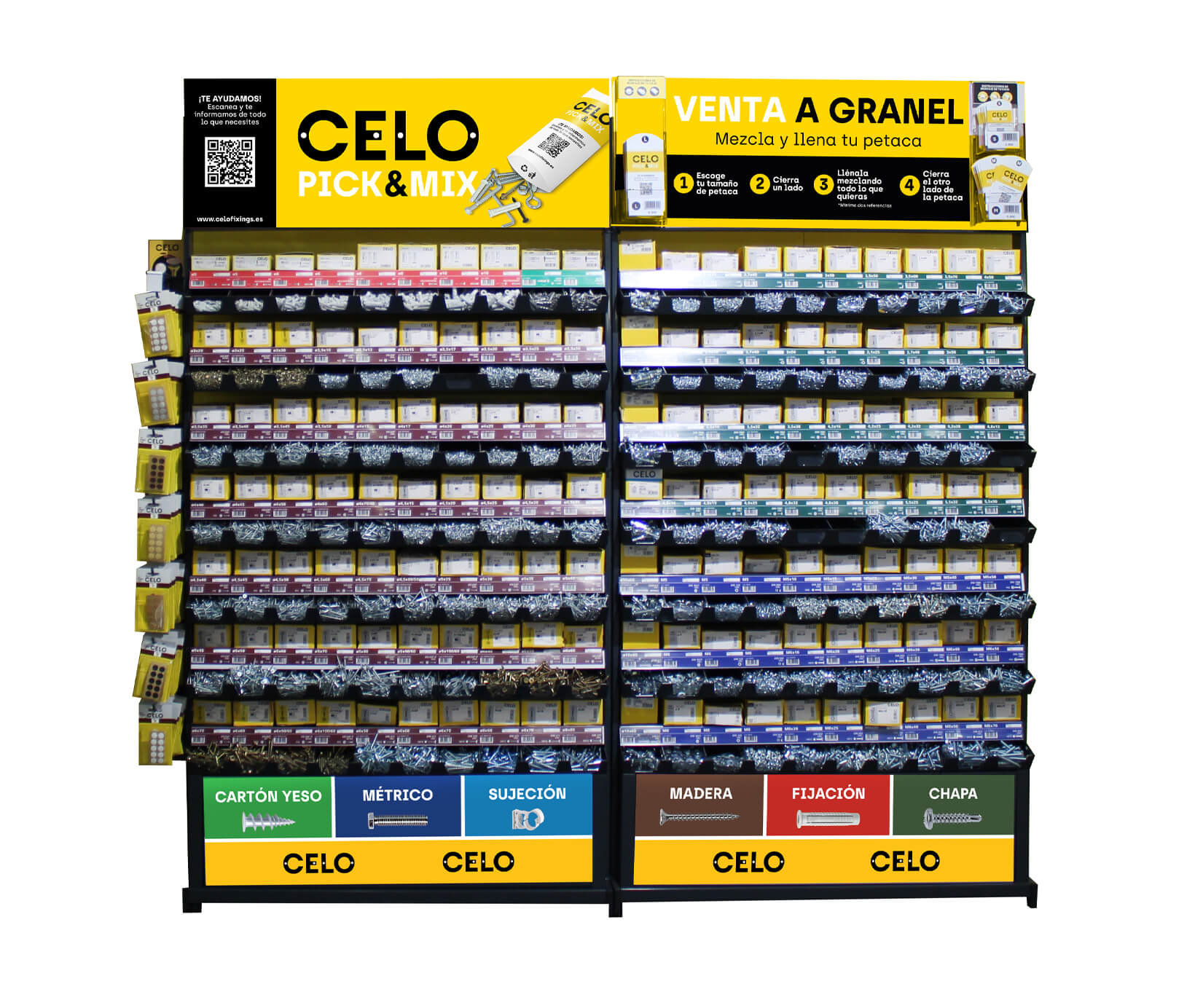 Expococtel: Expositor para distribución de CELO con productos de tornillería, fijación y sujeción ideal para espacios reducidos