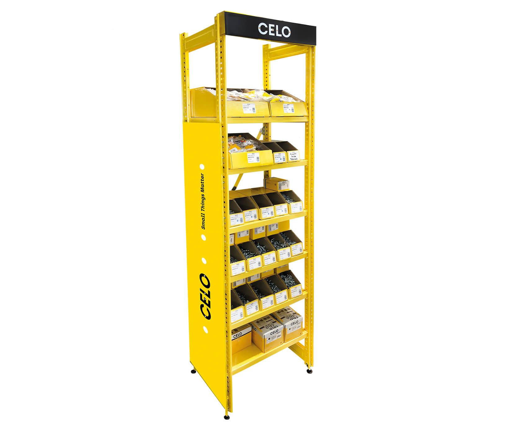 Pick&Install: Expositor para distribución de CELO con diseño modular personalizado para un almacenaje óptimo