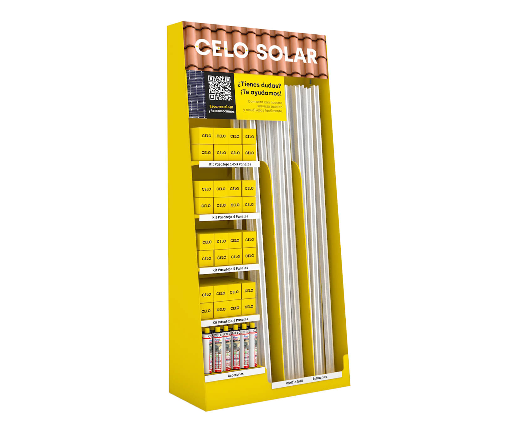 Solar Kits y perfiles: Expositor para distribución de CELO con kits de perfiles para la instalación de paneles solares