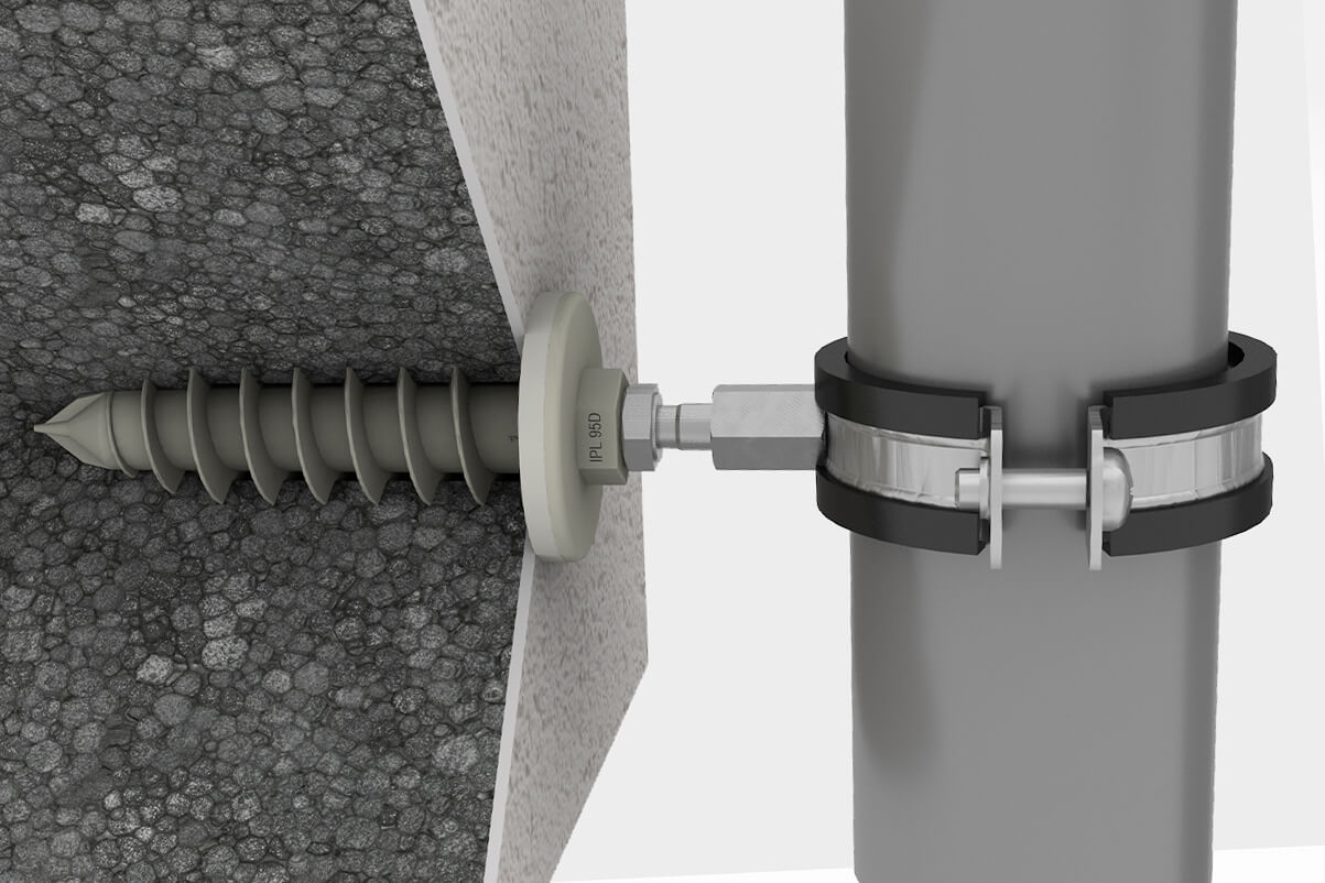 Tubería sujeta con una abrazadera isofónica de CELO fijada sobre SATE con un taco de nylon IPL 95DS de CELO